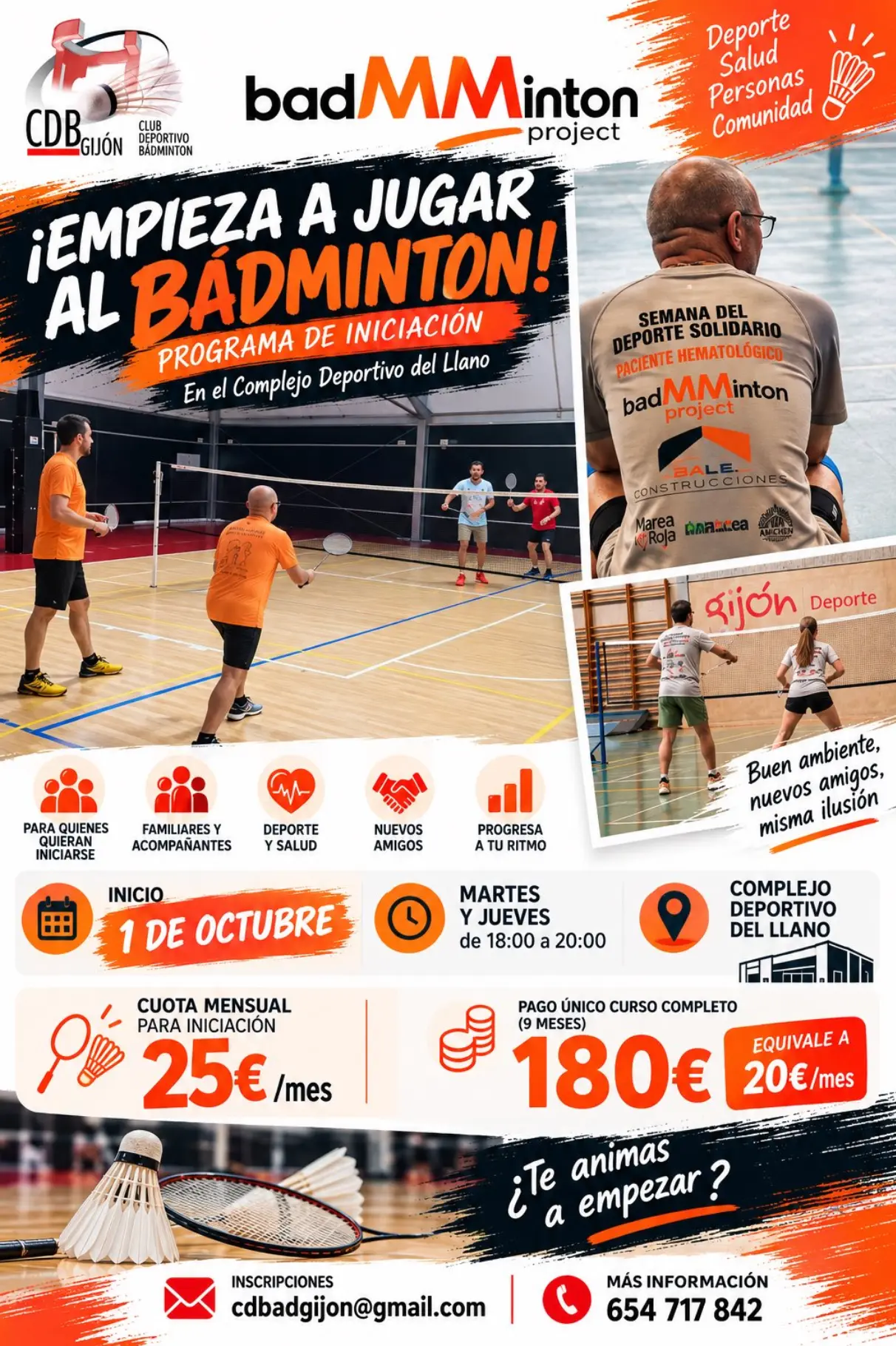 Cartel del programa de iniciación al bádminton de badMMinton project en el Complejo Deportivo del Llano (Gijón), desde el 1 de octubre